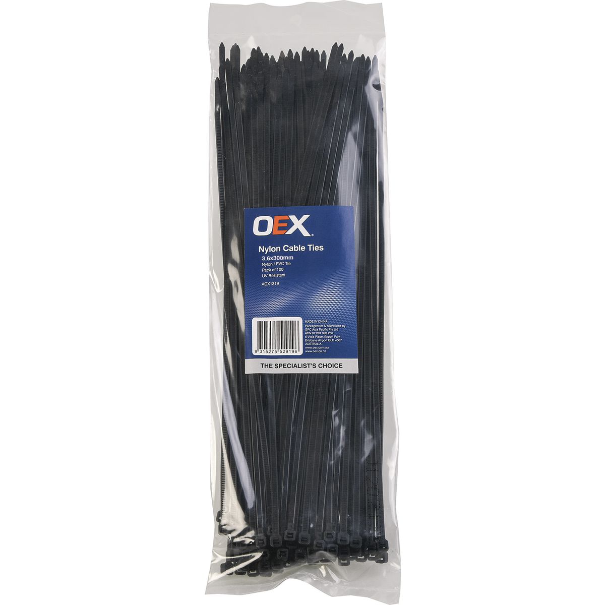 OEX Nylon Cable Ties 3.6mm x 300mm Black 100 Pack ACX1319