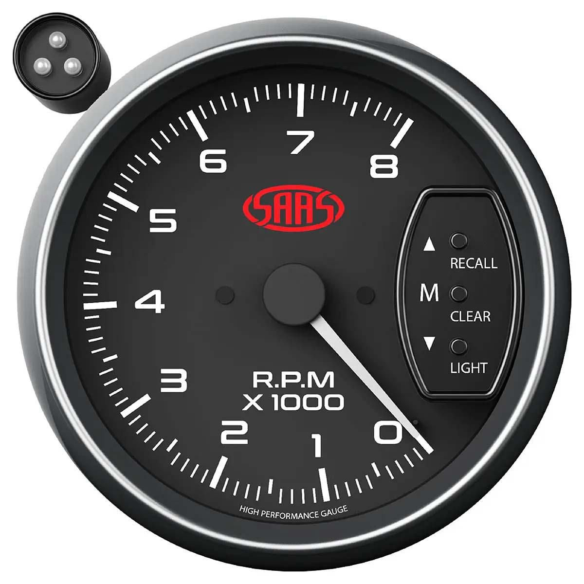 SAAS Muscle Series 3-3/4" Tacho Gauge 8,000RPM w/Shift Light Black SG-TAC334B