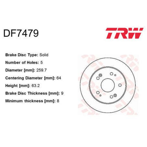 TRW Disc Brake Rotor 259Mm DF7479S