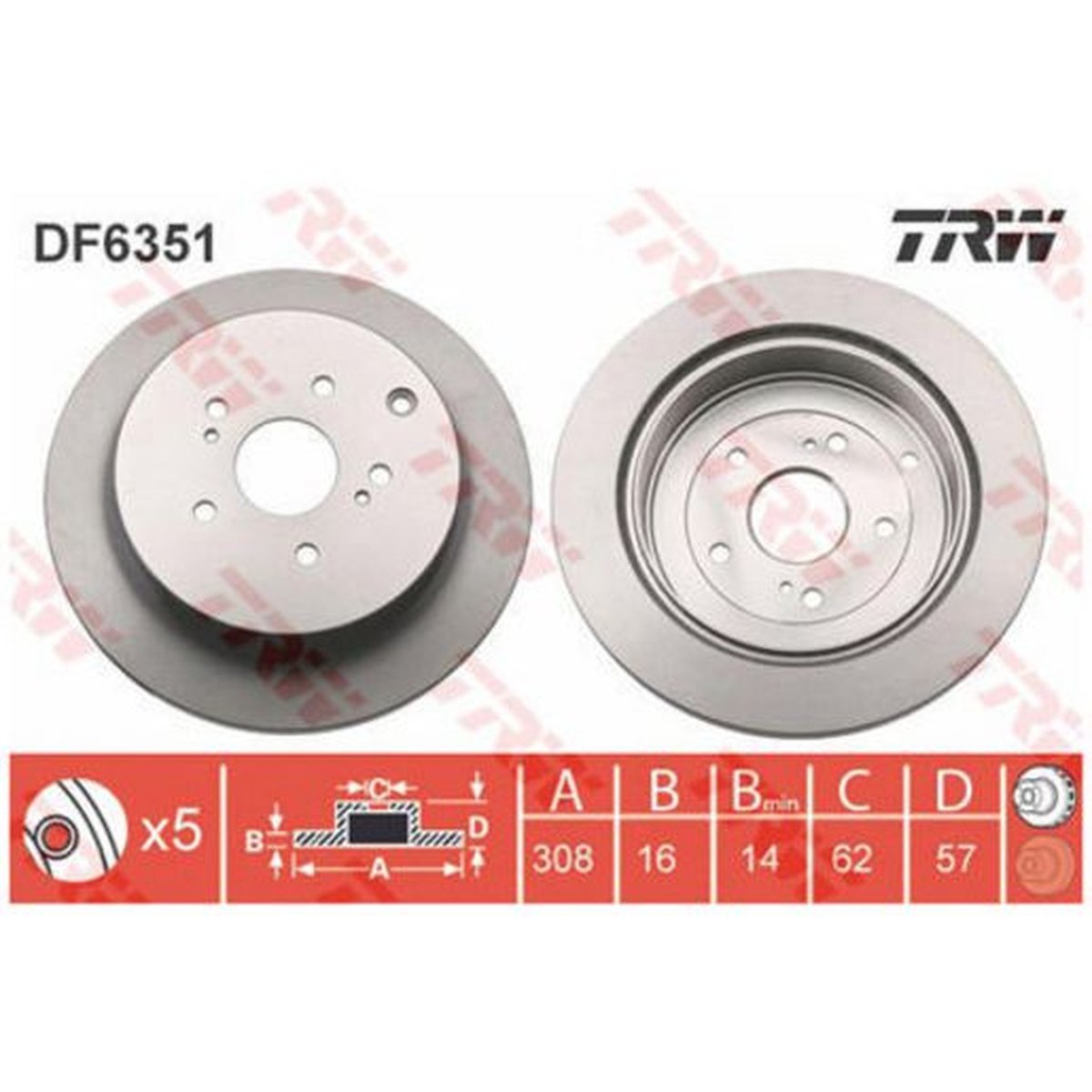 TRW Brake Rotor Pair 308mm Rear DF6351S