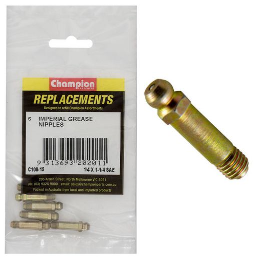 Champion Fasteners Grease Nipple 1/4in x 1-1/4in UNF Straight Refill Pack C108-15