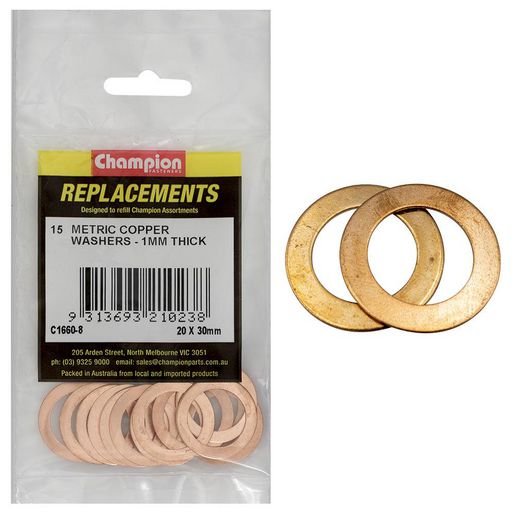 Champion Fasteners Washer Flat Copper 20mm x 30mm x 1.00mm Refill Pack C1660-8