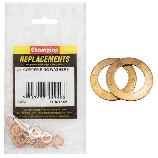 Champion Flat Copper Washer M8 x 14 x 1mm 25Pk C226-3