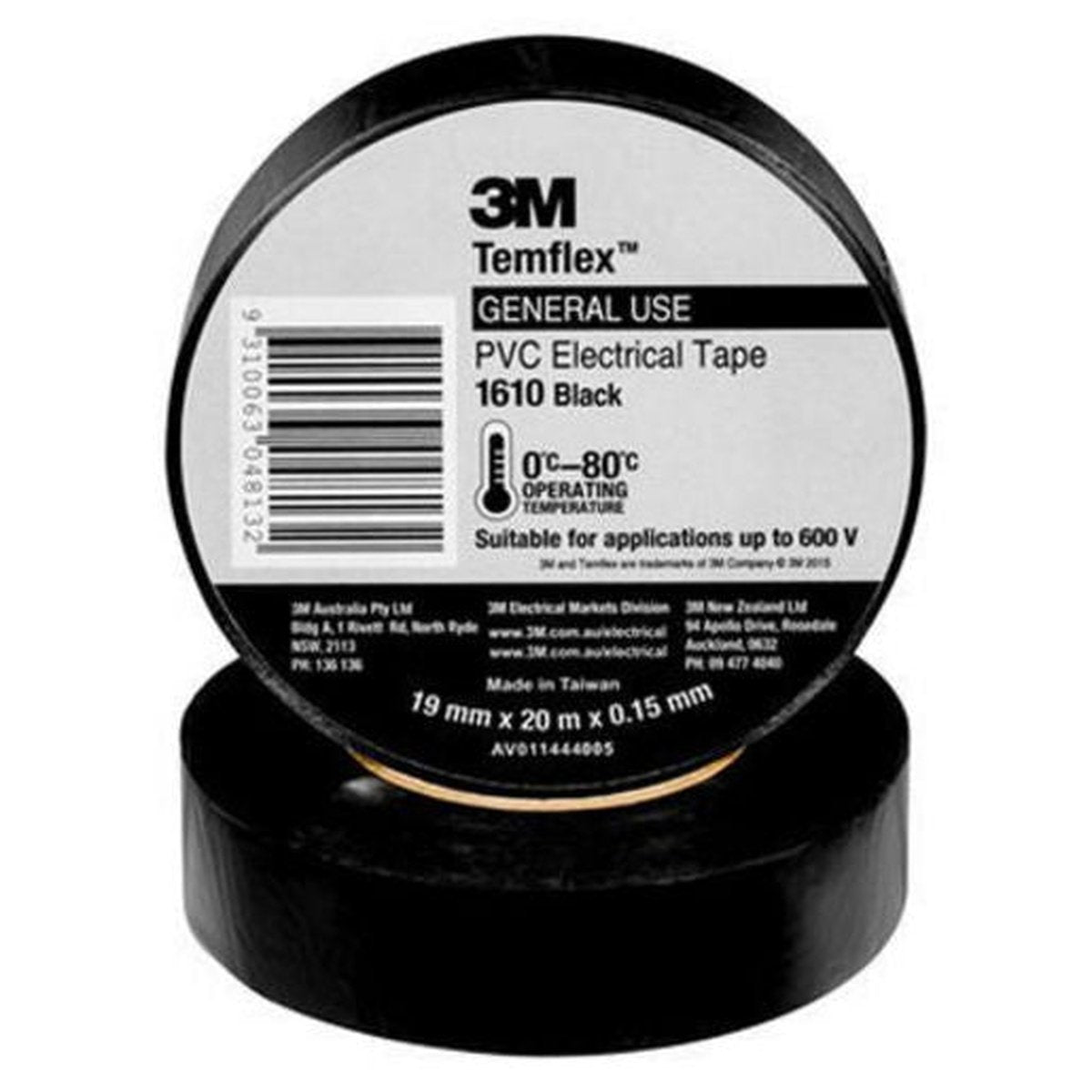 3M PVC Electrical Tape Black 1610 19mm x 20m AE010586764