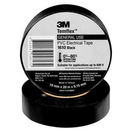 3M PVC Electrical Tape Black 1610 19mm x 20m AE010586764