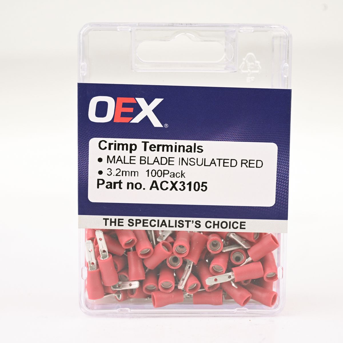 OEX Crimp Terminal Male Blade Red Terminal Entry 3.2 X 0.8mm Vinyl 100 Pce ACX3105