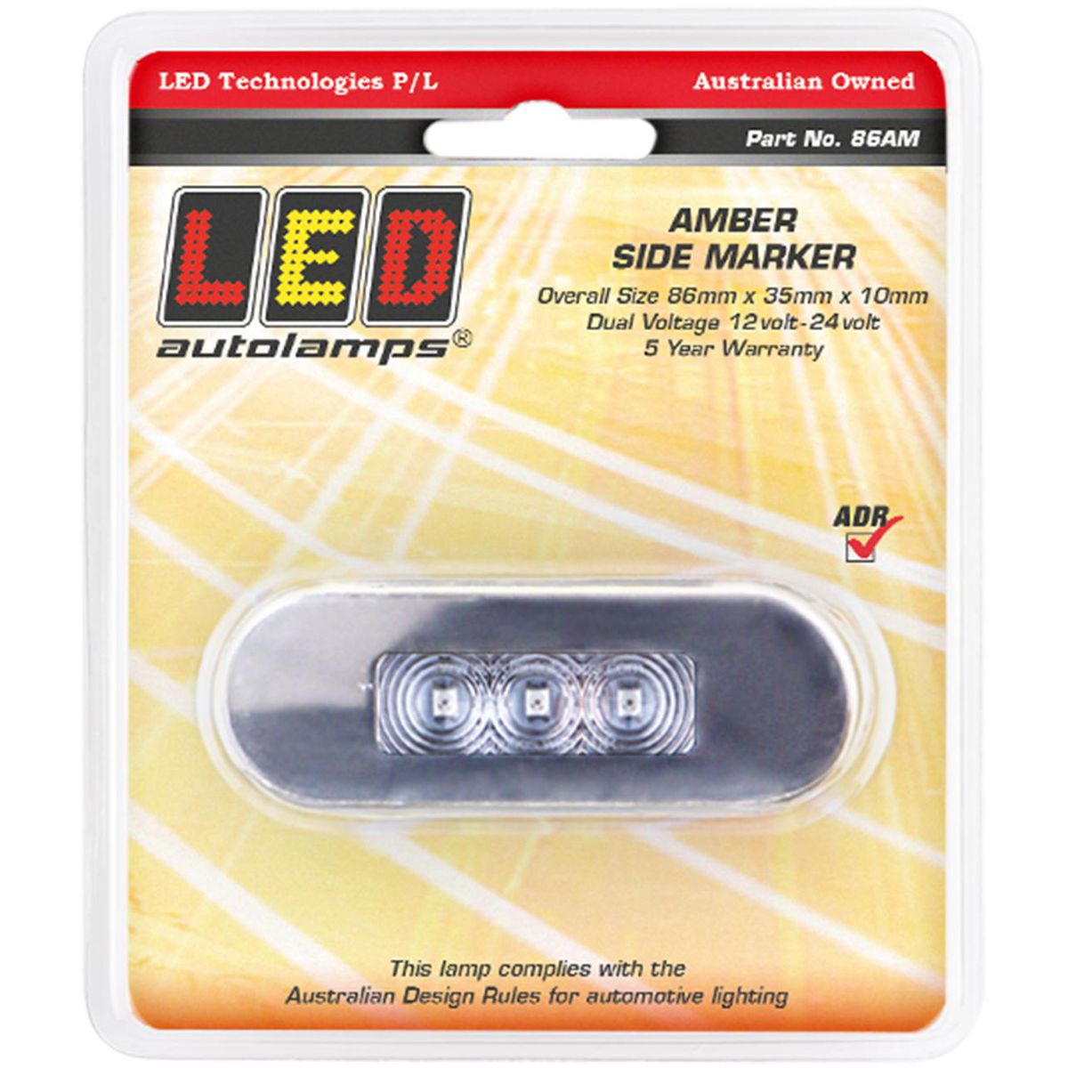 LED AutoLamps Side Marker with Stainless Steel Bezel Amber with Clear Lens 86x31x10mm 12-24V 86AM