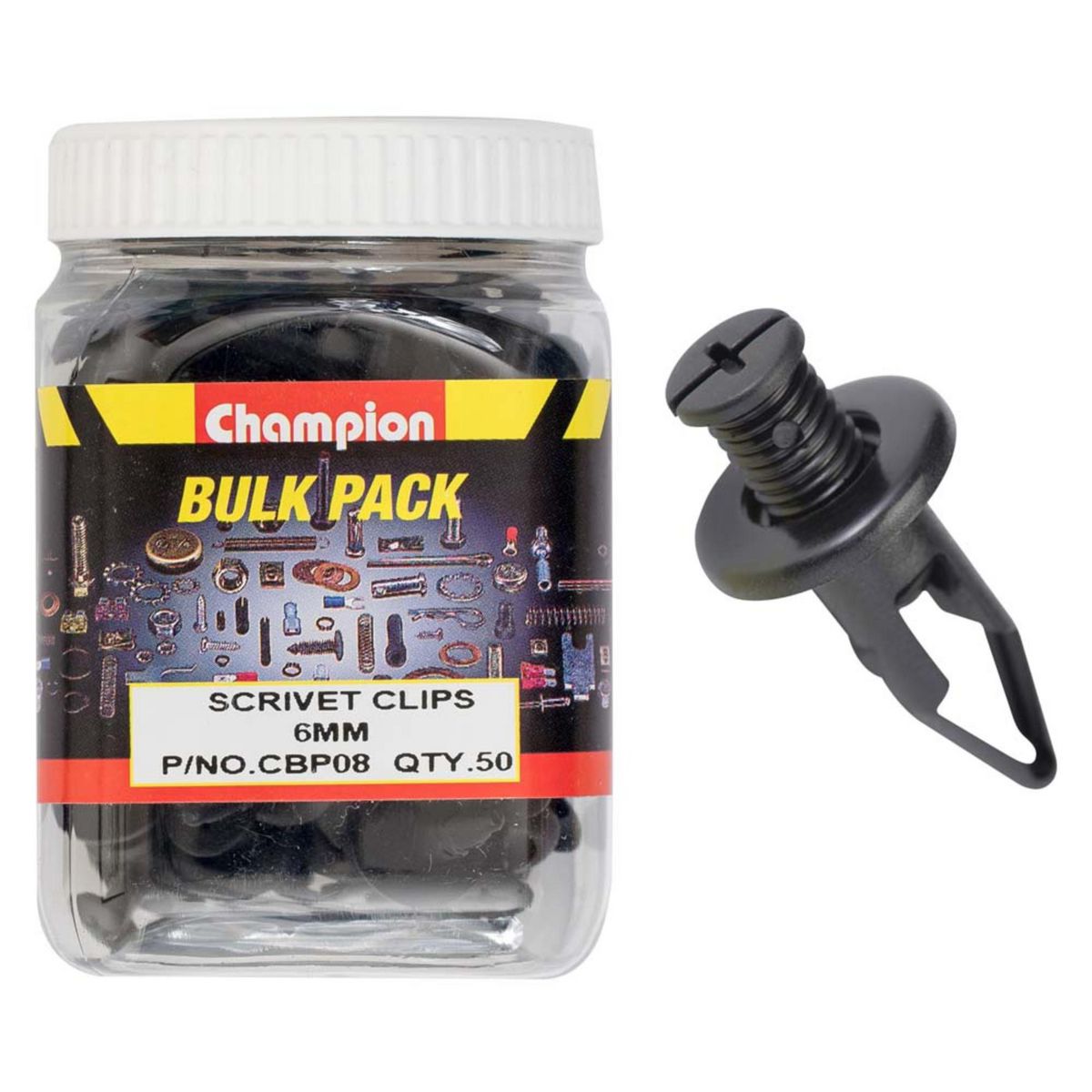 Champion Scrivet Clip Screw Type Black 18mm Len 6mm Hole 15mm Head 50Pk CBP08