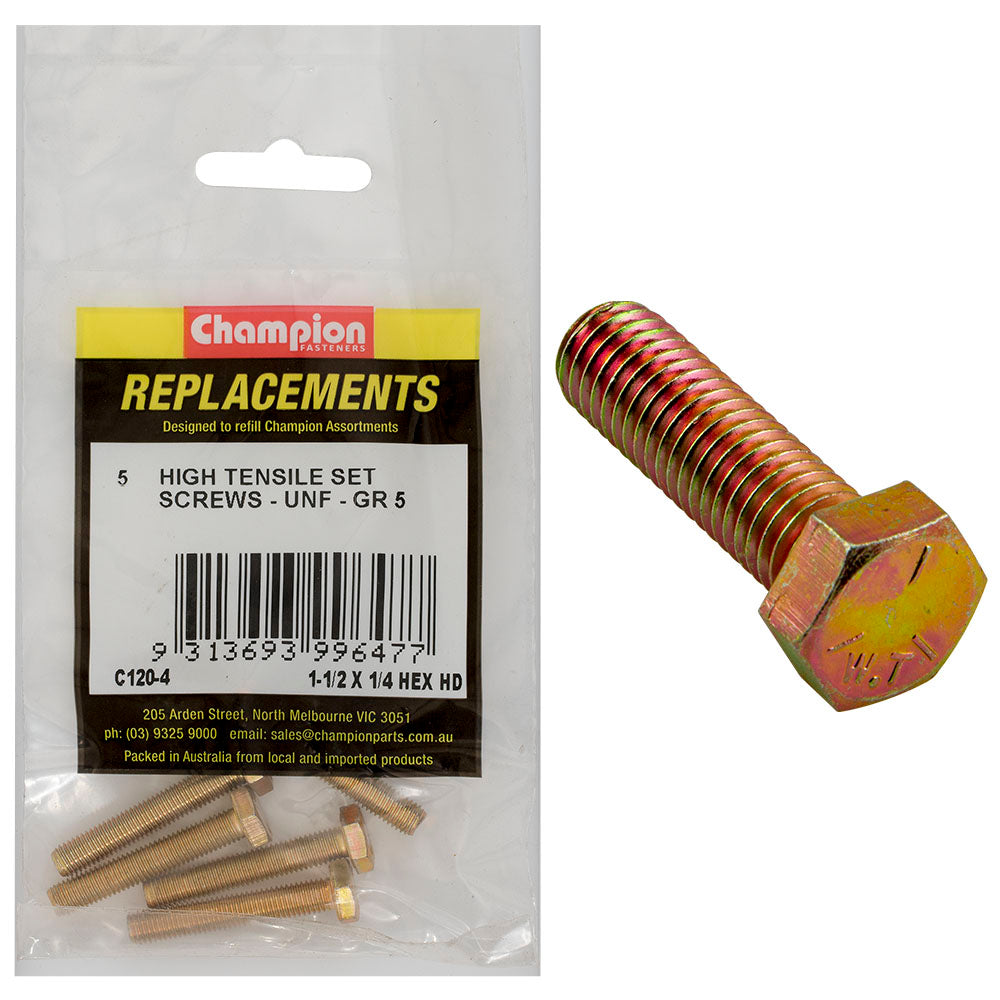 Champion Fasteners Hex Set Screw High Tensile 1/4In X 1 1/2In Unf Grade 5 C120-4