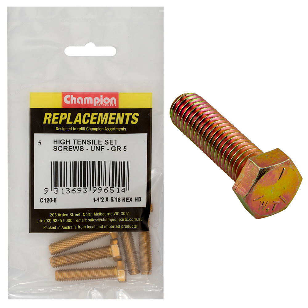 Champion Fasteners Hex Set Screw High Tensile 5/16In X 1 1/2In Unf Grade 5 C120-8