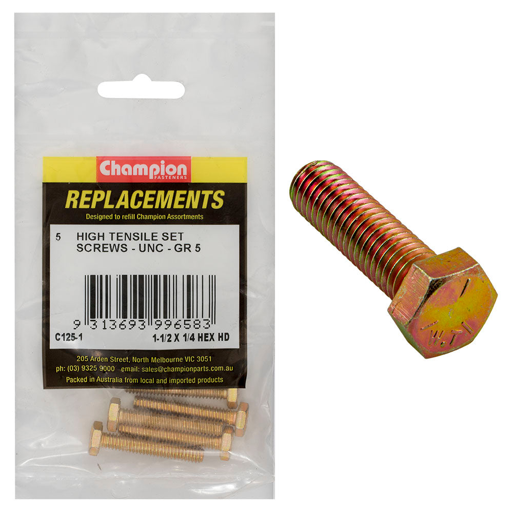 Champion Fasteners Hex Set Screw High Tensile 1/4In X 1 1/2In Unc Grade 5 C125-1