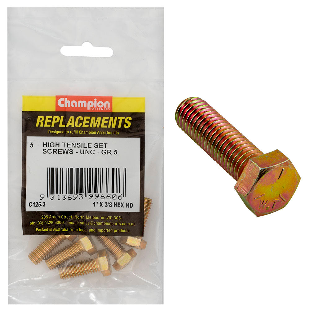 Champion Fasteners Hex Set Screw High Tensile 3/8In X 1In Unc Grade 5 C125-3
