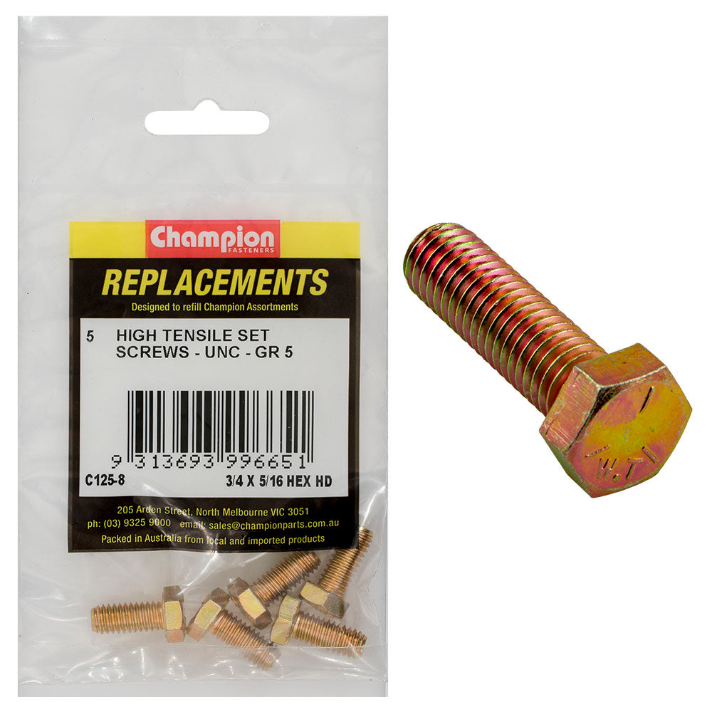 Champion Fasteners Hex Set Screw High Tensile 5/16In X 3/4In Unc Grade 5 C125-8