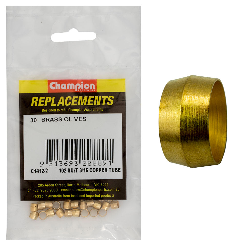 Champion Fasteners Compression Sleeve Brass 3/16In Suits Copper Tube C1412-2