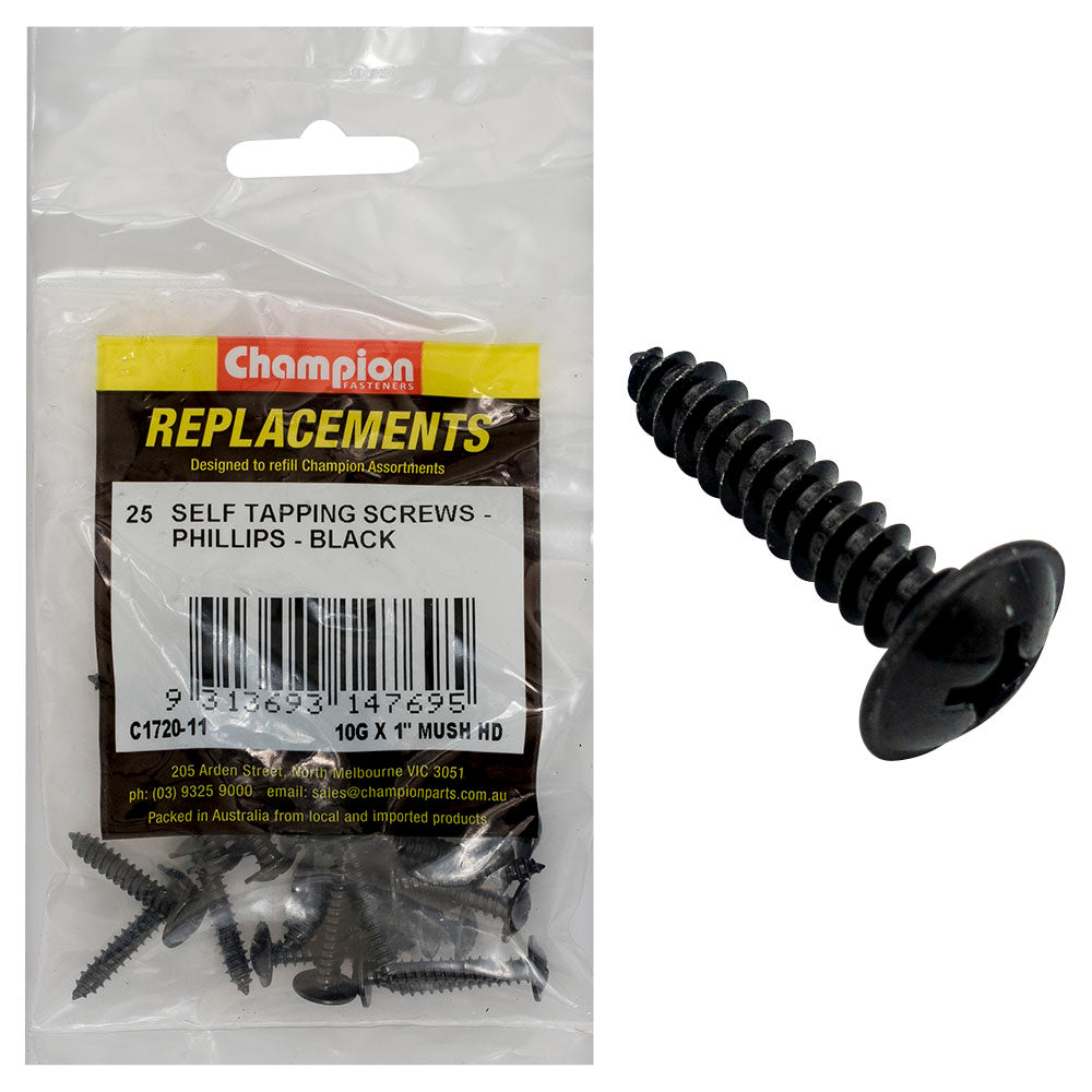 Champion Fasteners Self Tapper Screw Mush Phillips 4.8 X 25mm Black C1720-11