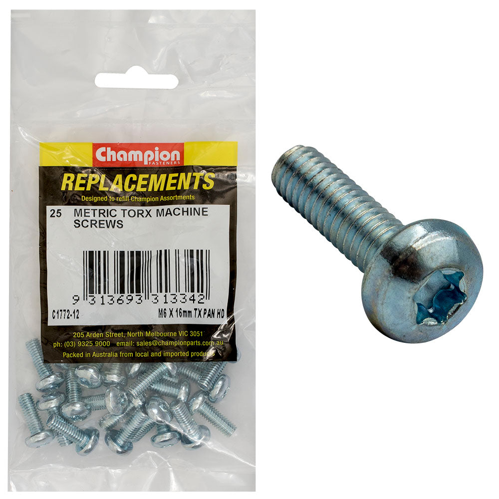 Champion Fasteners Machine Screw Pan Torx (Tx) M6 X 16mm Z/P C1772-12
