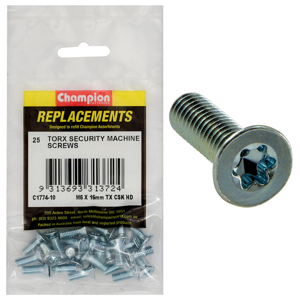 Champion Fasteners Machine Screw Csk Torx (Tx) M6 X 16mm Z/P C1774-10