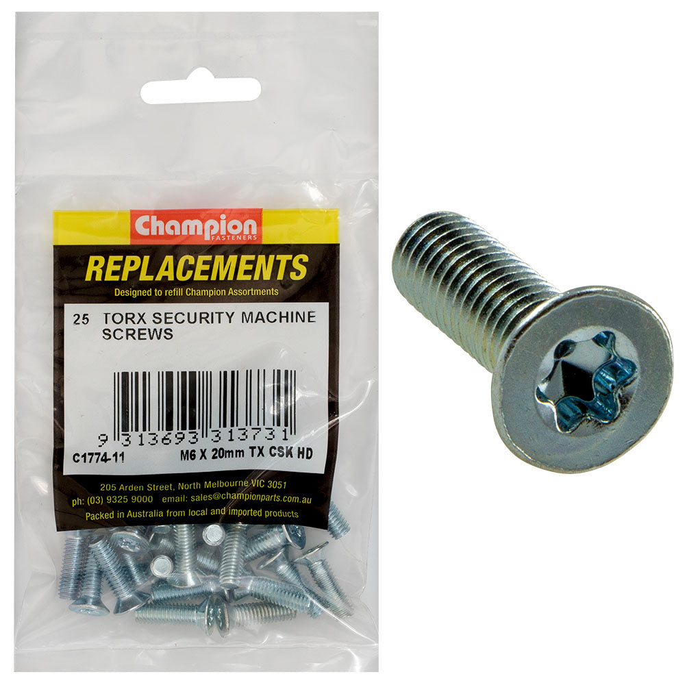 Champion Fasteners Machine Screw Csk Torx (Tx) M6 X 20mm Z/P C1774-11