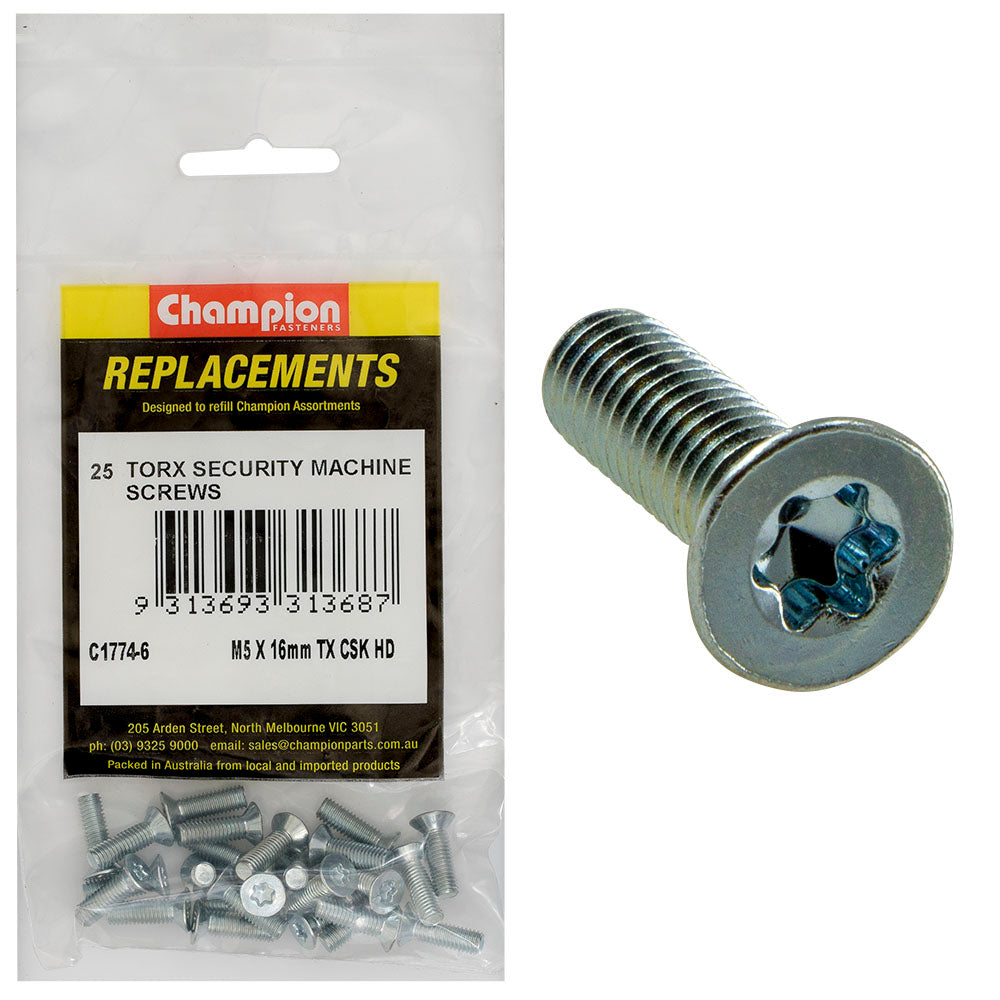 Champion Fasteners Machine Screw Csk Torx (Tx) M5 X 16mm Z/P C1774-6