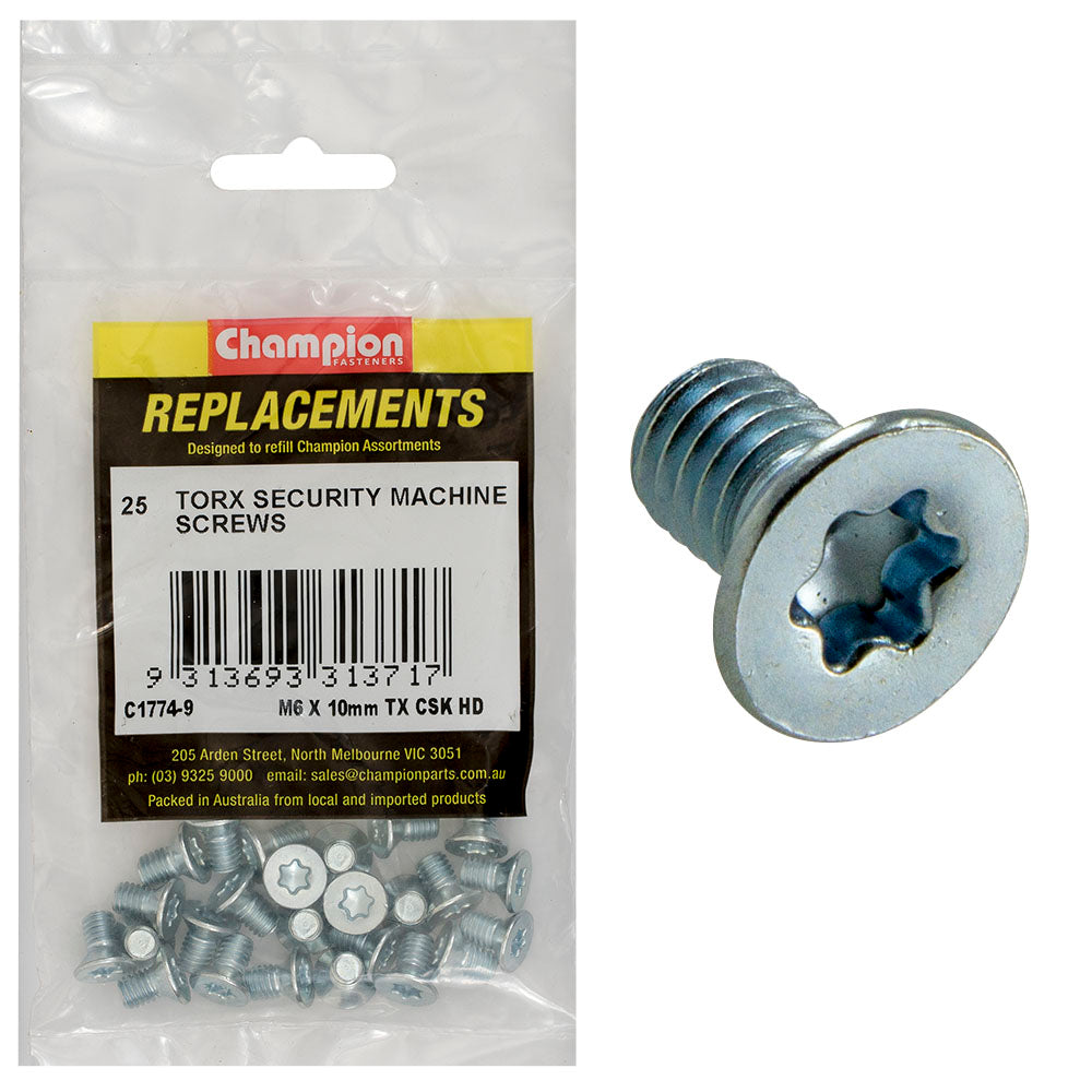 Champion Fasteners Machine Screw Csk Torx (Tx) M6 X 10mm Z/P C1774-9