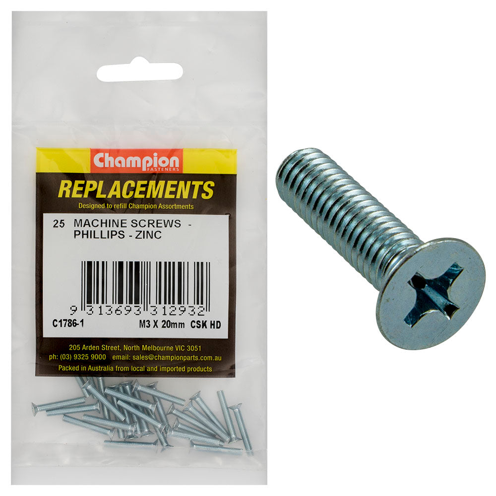 Champion Fasteners Machine Screw Csk Phillips M3 X 20mm Zinc Plated C1786-1