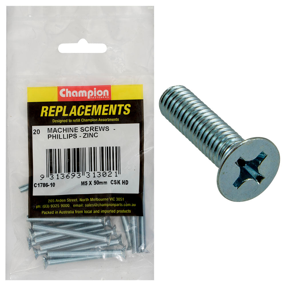 Champion Fasteners Machine Screw Csk Phillips M5 X 50mm Zinc Plated C1786-10