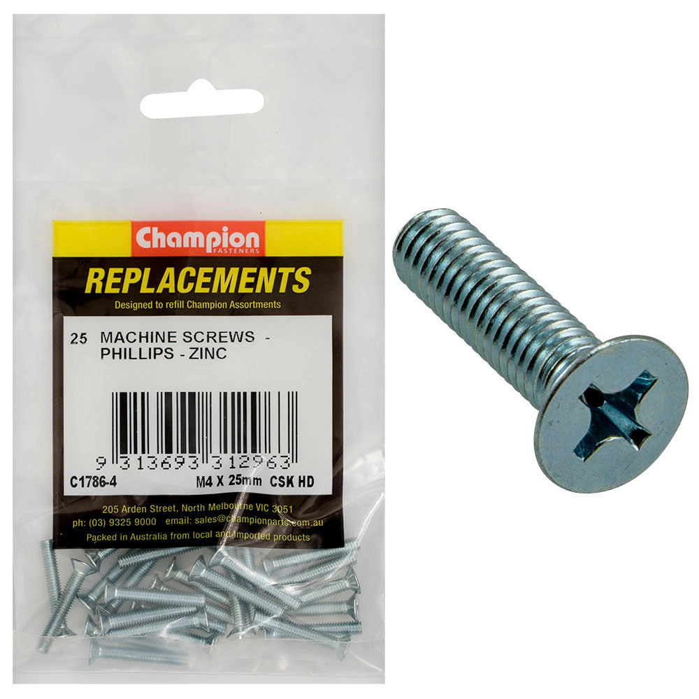 Champion Fasteners Machine Screw Csk Phillips M4 X 25mm Zinc Plated C1786-4