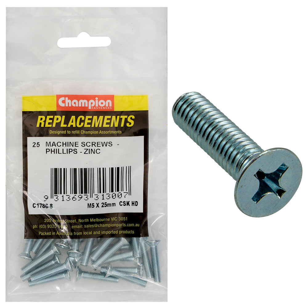 Champion Fasteners Machine Screw Csk Phillips M5 X 25mm Zinc Plated C1786-8