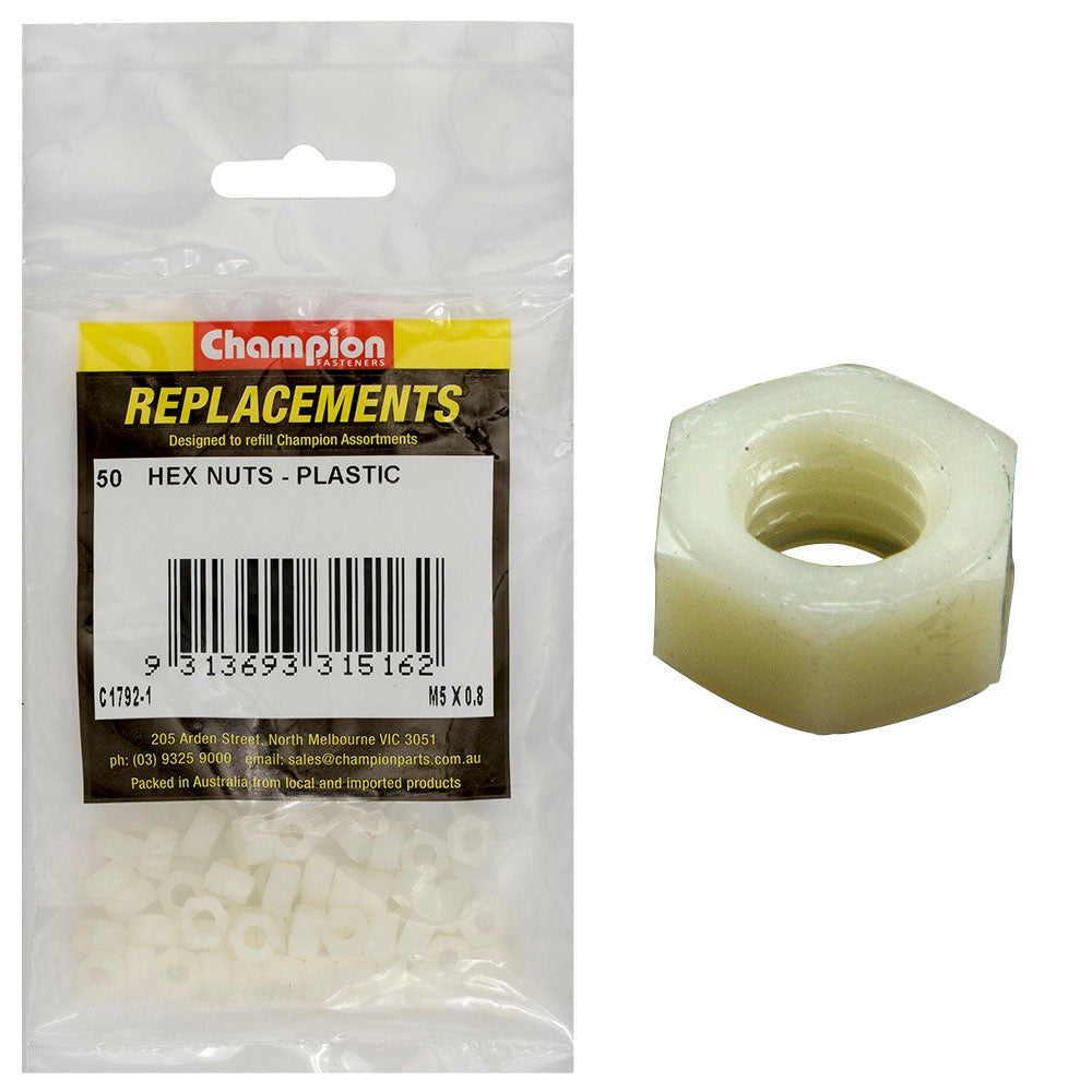 Champion Fasteners Hex Plain Nut Plastic M5 X 0.8mm C1792-1