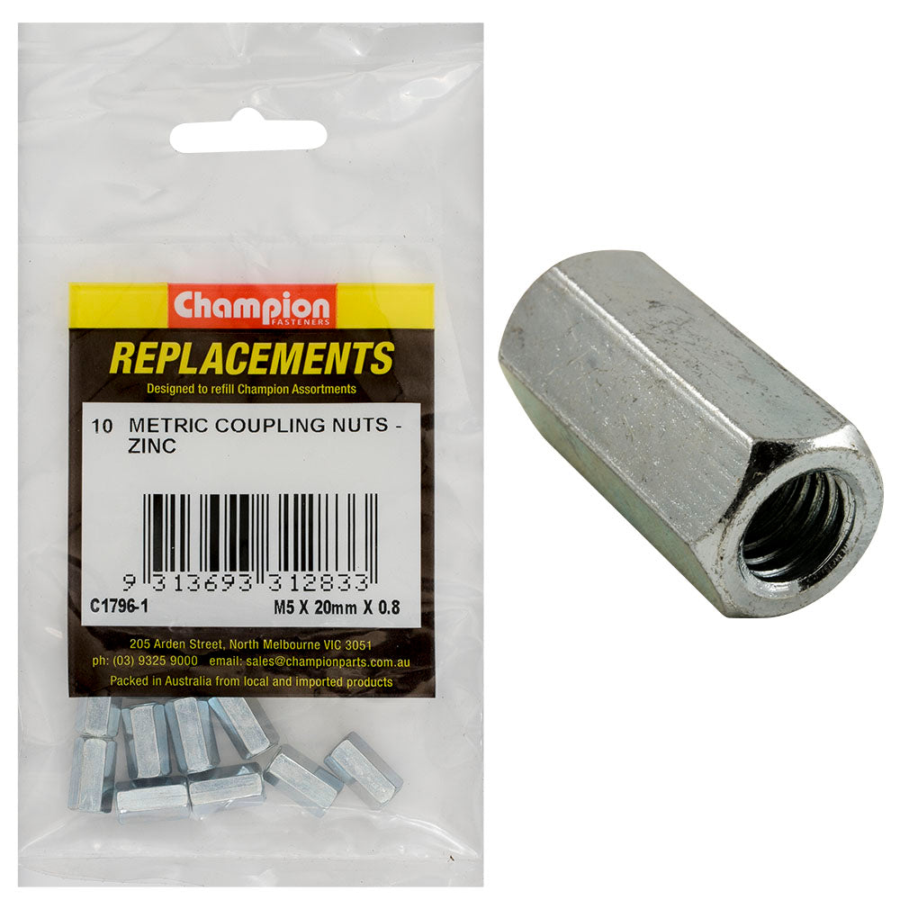 Champion Hex Coupler Nut M5 x 20 x 0.8Mm Zinc Plated C1796-1