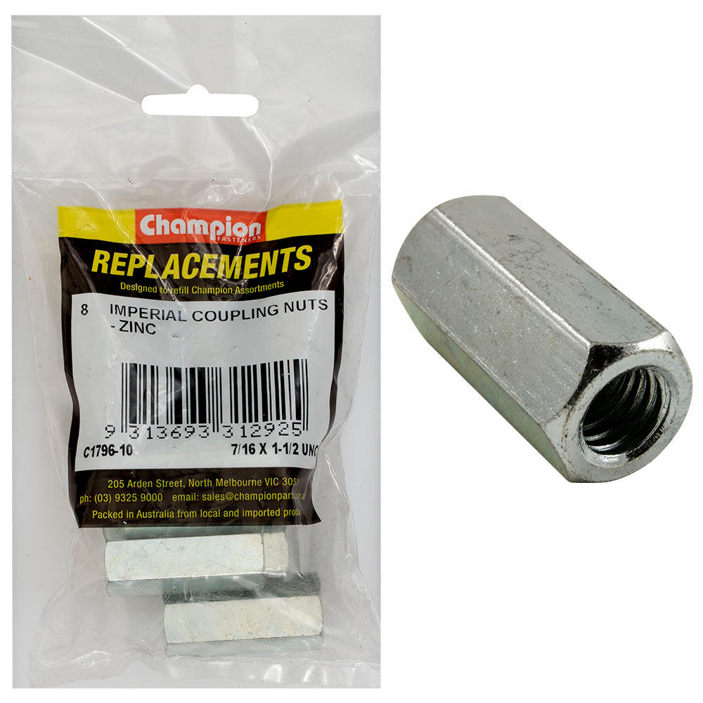Champion Fasteners Hex Coupler Nut 7/16in x 1 1/2in UNC Zinc Plated C1796-10