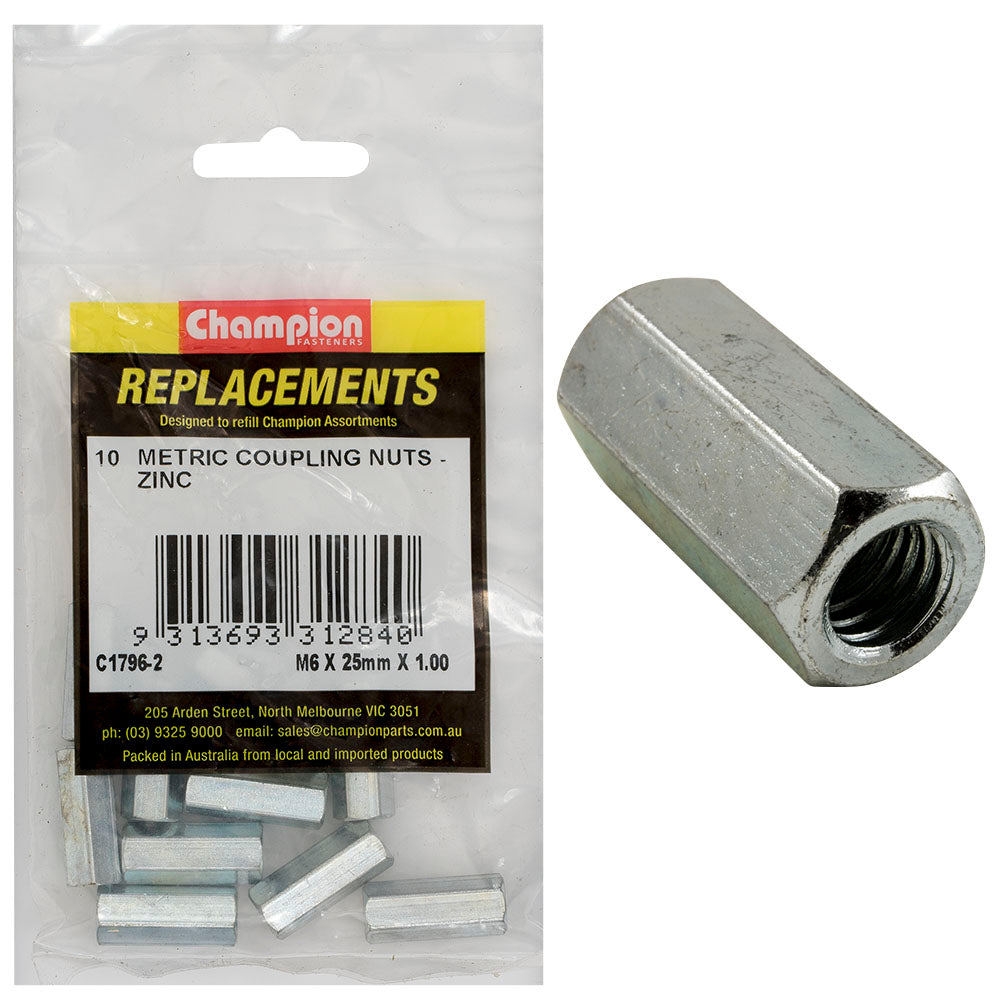 Champion Fasteners Hex Coupler Nut M6 X 25 X 1.00mm Zinc Plated C1796-2