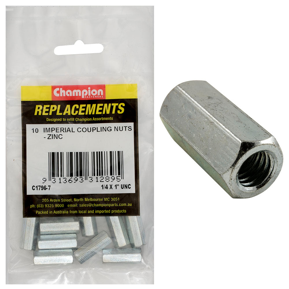 Champion Hex Coupler Nut 1/4in x 1in UNC Zinc Plated C1796-7