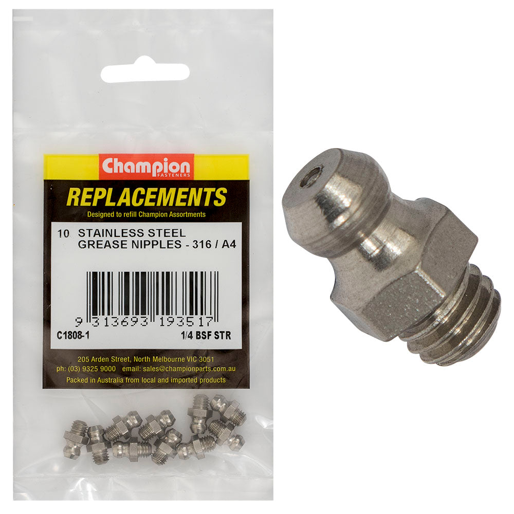Champion Fasteners Grease Nipple Stainless Steel 1/4In Bsf Straight 316/A4 C1808-1