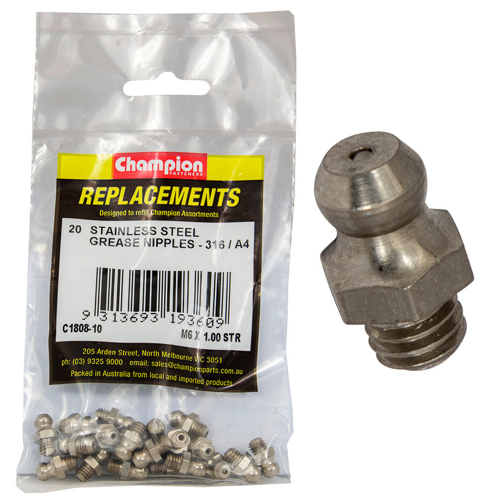 Champion Fasteners Grease Nipple Stainless Steel M6 X 1.00mm Straight 316/A4 C1808-10