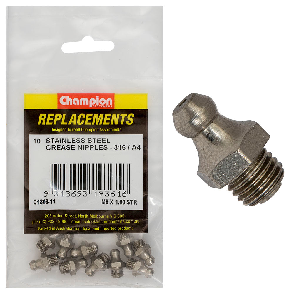 Champion Fasteners Grease Nipple Stainless Steel M8 X 1.00mm Straight 316/A4 C1808-11