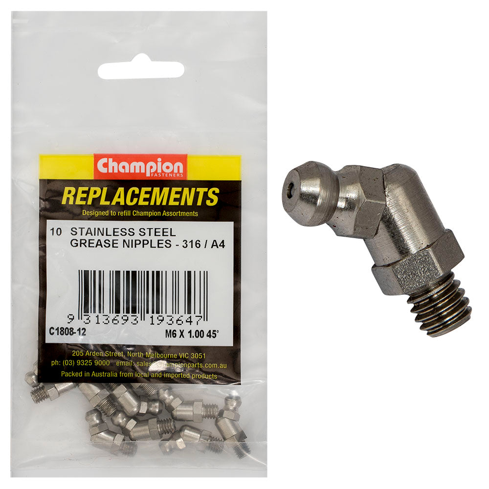 Champion Fasteners Grease Nipple Stainless Steel M6 X 1.00mm 45 316/A4 C1808-12