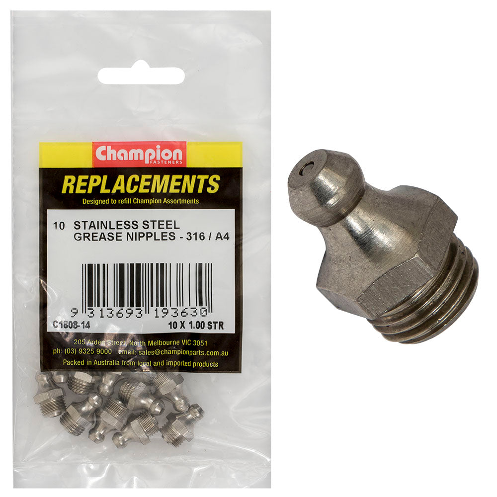 Champion Fasteners Grease Nipple Stainless Steel M10 X 1.00mm Straight 316/A4 C1808-14