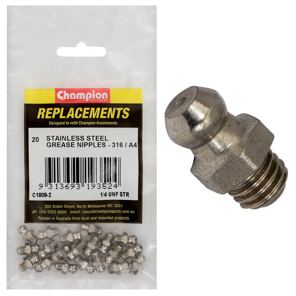 Champion Fasteners Grease Nipple Stainless Steel 1/4In Unf Straight 316/A4 C1808-2