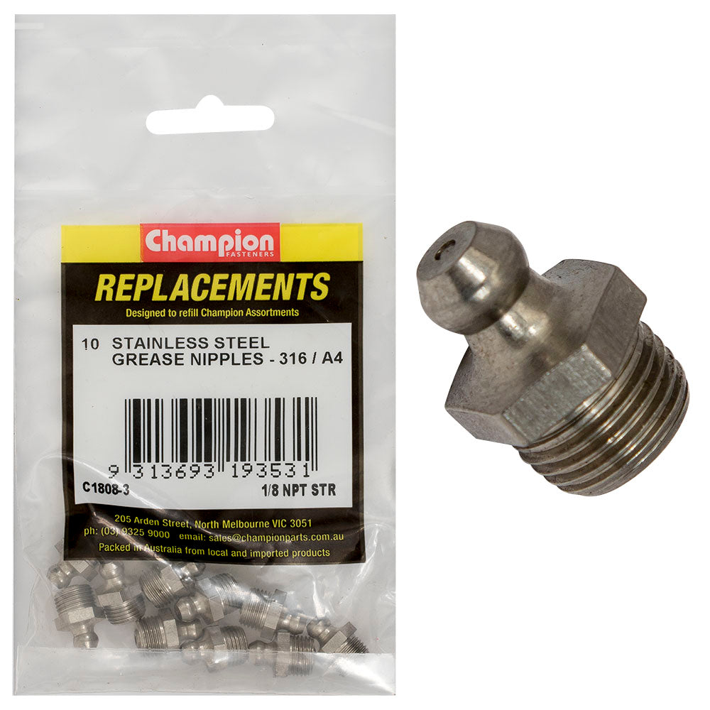 Champion Fasteners Grease Nipple Stainless Steel 1/8In Npt Straight 316/A4 C1808-3