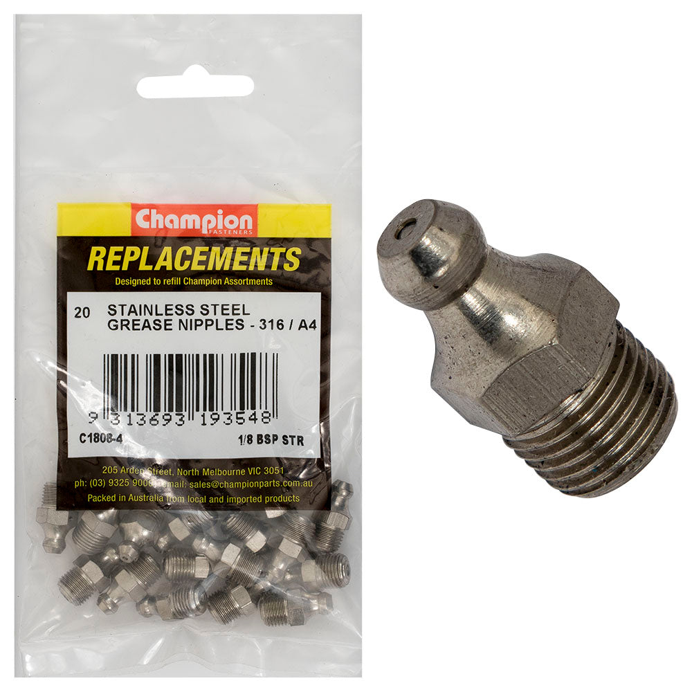 Champion Fasteners Grease Nipple Stainless Steel 1/8In Bsp Straight 316/A4 C1808-4