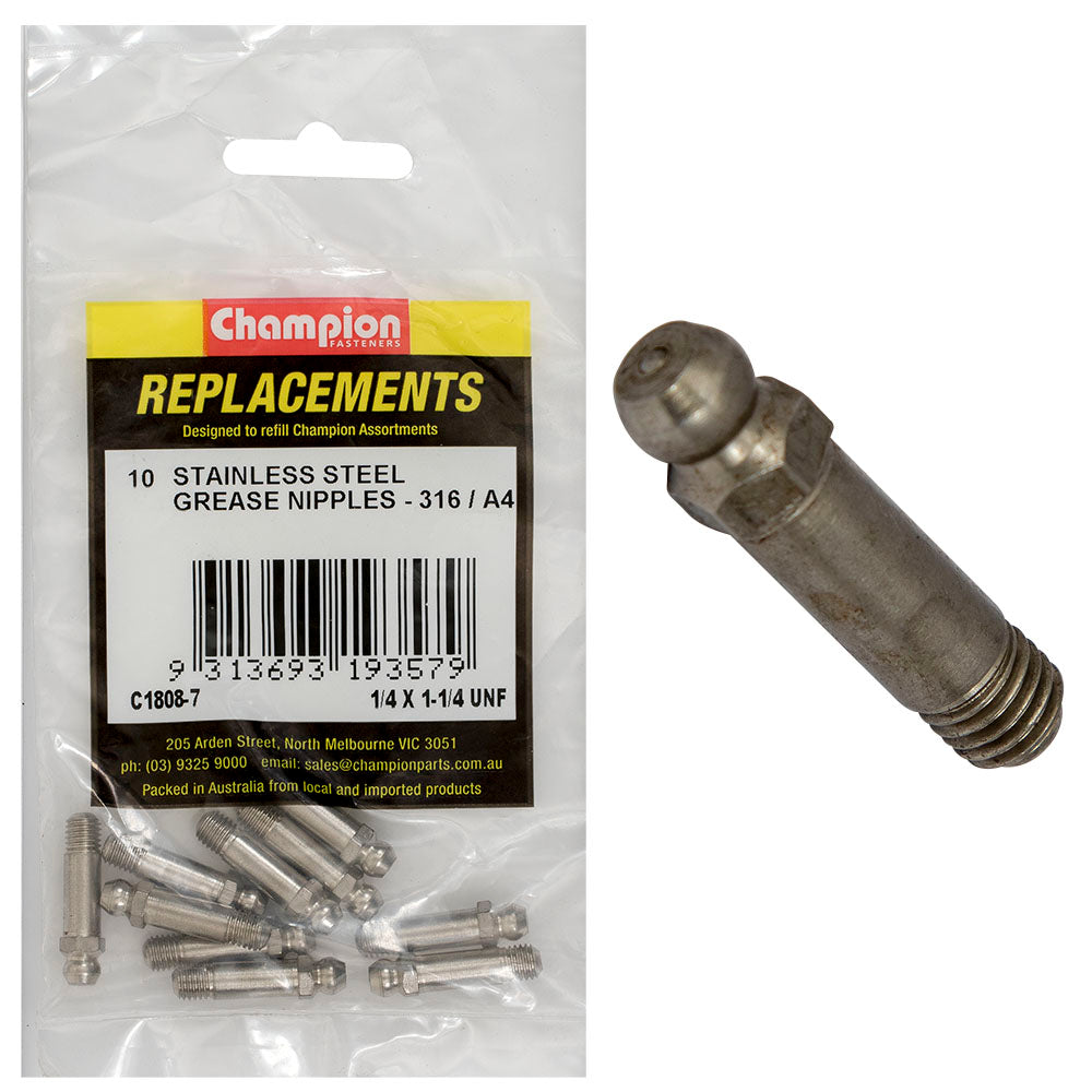 Champion Fasteners Grease Nipple Stainless Steel 1/4In X 1 1/4In Unf Straight 316/A4 C1808-7