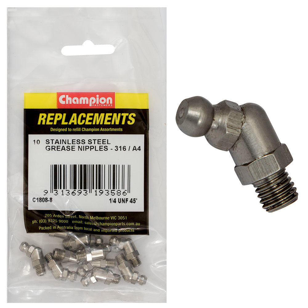 Champion Fasteners Grease Nipple Stainless Steel 1/4In Unf 45 316/A4 C1808-8
