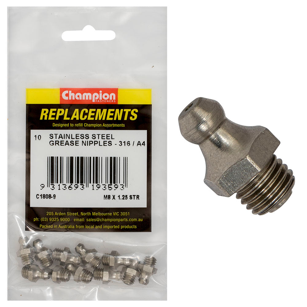 Champion Fasteners Grease Nipple Stainless Steel M8 X 1.25mm Straight 316/A4 C1808-9