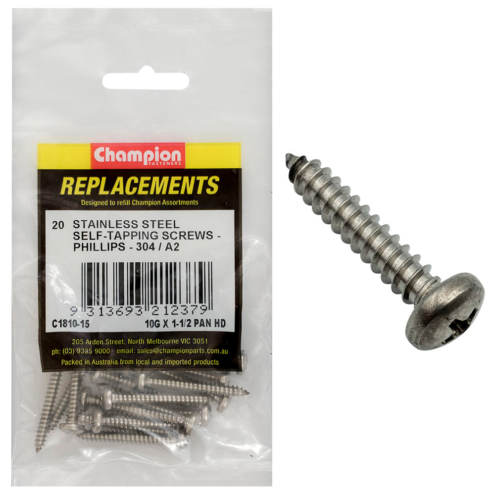 Champion Fasteners Self Tapper Screw Pan Phillips Stainless Steel 4.8 X 38mm 304/A2 C1810-15