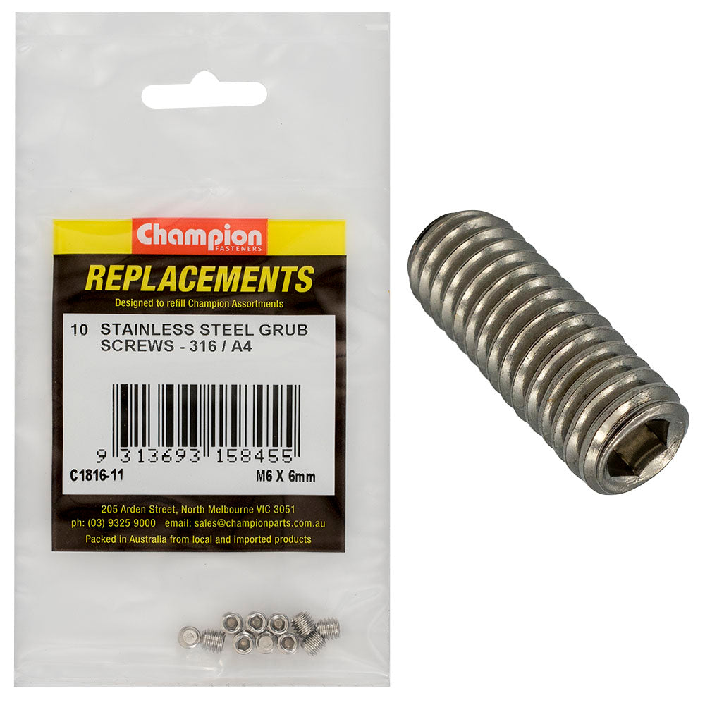 Champion Fasteners Grub Screw Stainless Steel M6 X 6mm 316/A4 C1816-11
