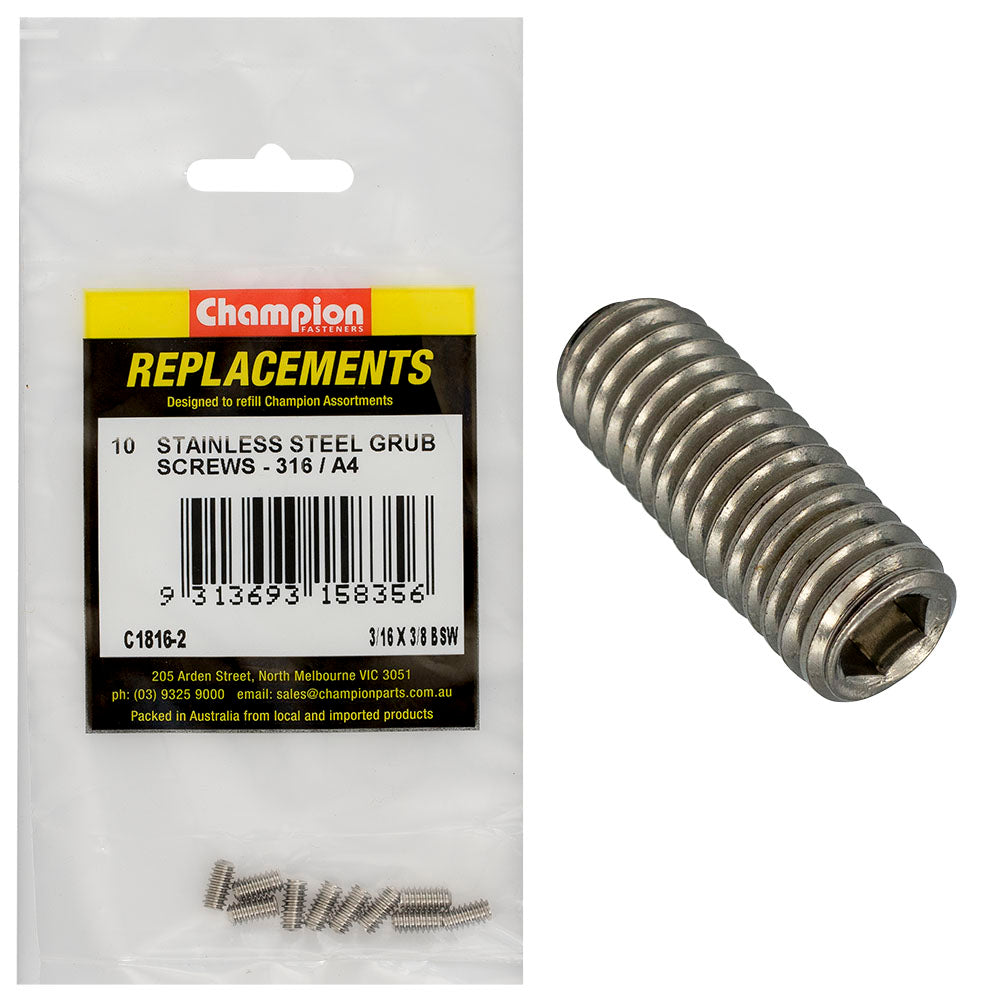 Champion Fasteners Socket Grub Screw Stainless Steel 3/16In X 3/8In Bsw 316/A4 C1816-2