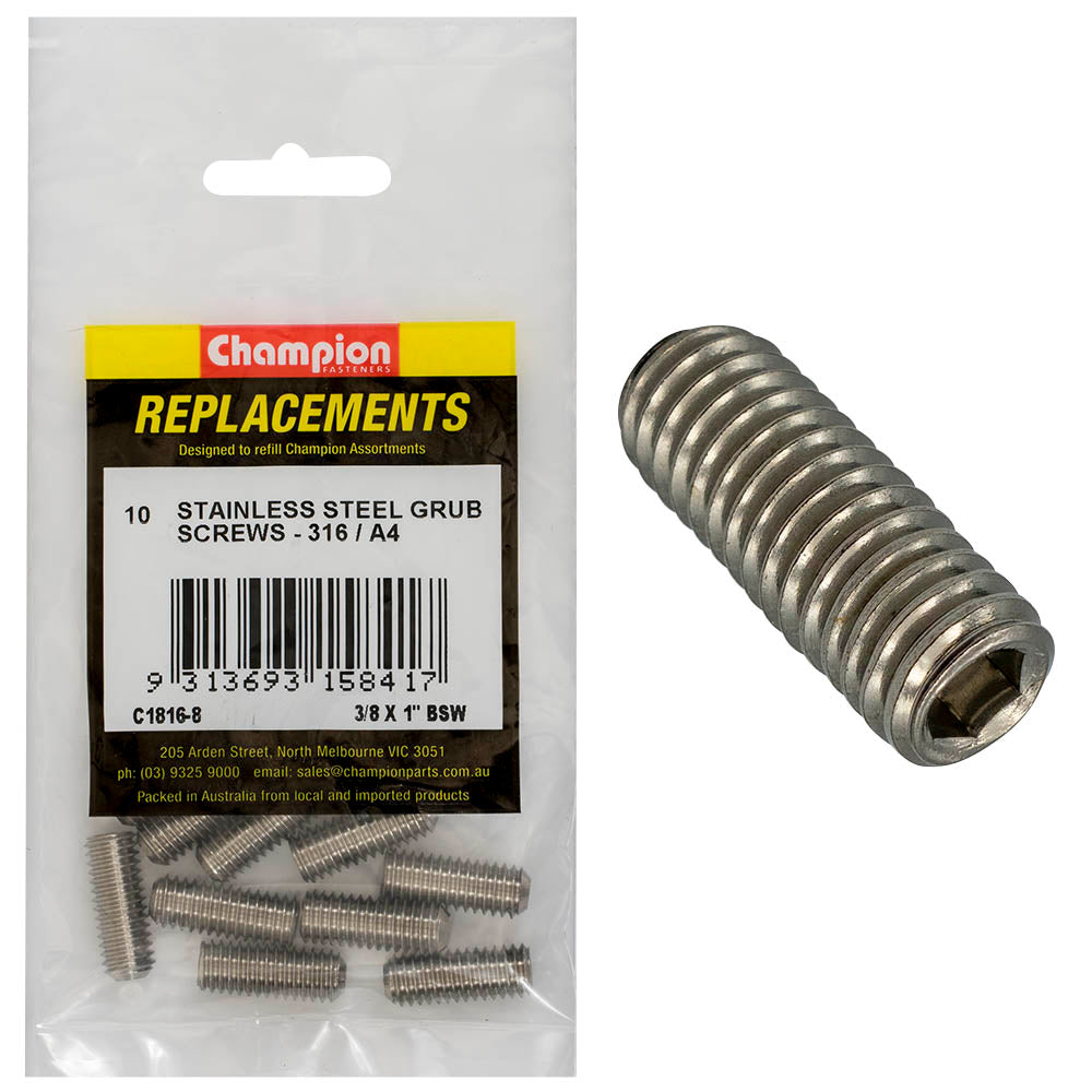 Champion Fasteners Socket Grub Screw Stainless Steel 3/8In X 1In Bsw 316/A4 C1816-8