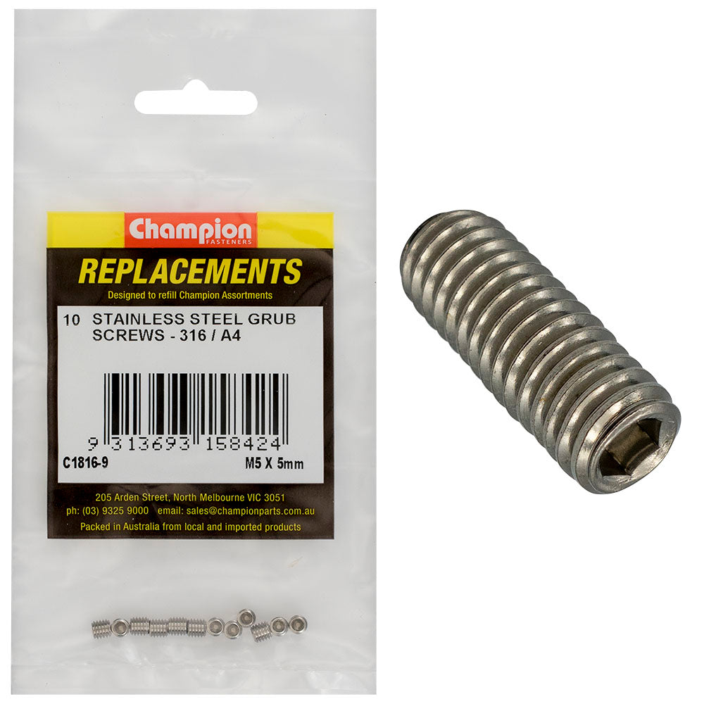 Champion Fasteners Grub Screw Stainless Steel M5 X 5mm 316/A4 C1816-9