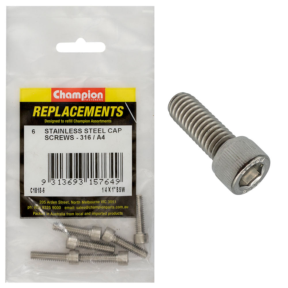 Champion Fasteners Socket Head Cap Screw Stainless Steel 1/4In X 1In Bsw 316/A4 C1818-6